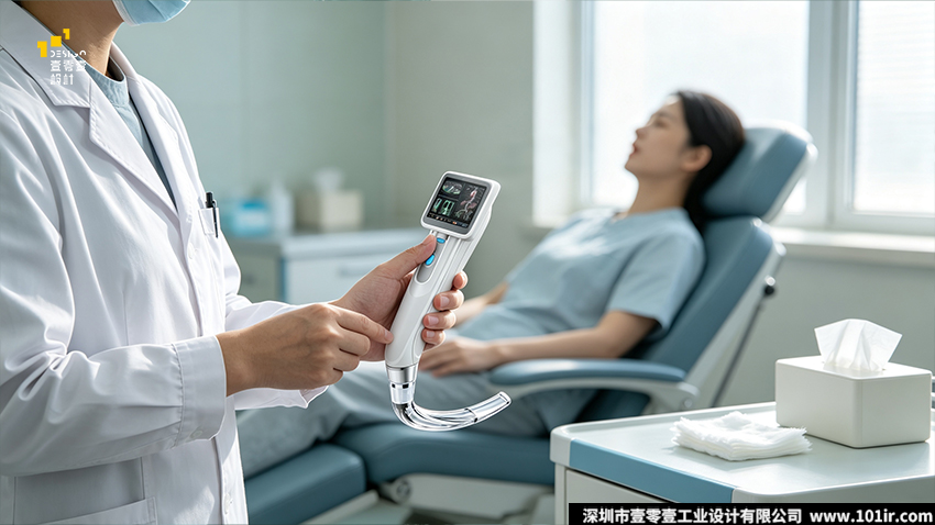 核心关键词：电子喉镜,便携式电子喉镜,电子喉镜外观设计,电子喉镜结构设计,医疗设备工业设计,一次性电子喉镜,视频喉镜人机工程,医疗感控设计