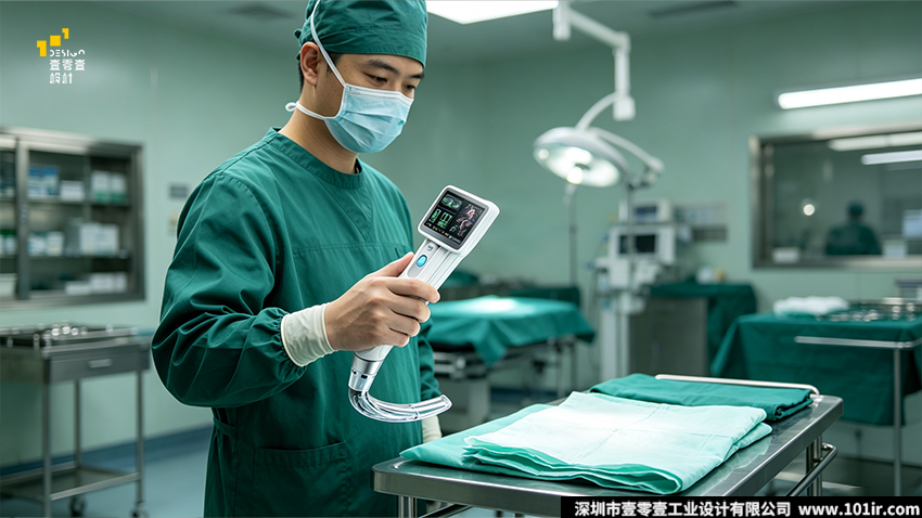 核心关键词：电子喉镜,便携式电子喉镜,电子喉镜外观设计,电子喉镜结构设计,医疗设备工业设计,一次性电子喉镜,视频喉镜人机工程,医疗感控设计