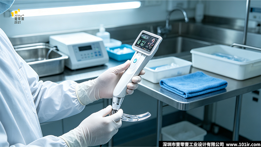 核心关键词：电子喉镜,便携式电子喉镜,电子喉镜外观设计,电子喉镜结构设计,医疗设备工业设计,一次性电子喉镜,视频喉镜人机工程,医疗感控设计